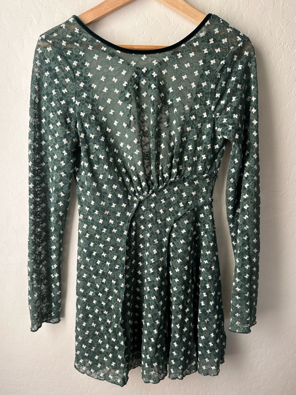 NWOT Free People Sheer Delight Lace Mini Dress Green Open Back Tie Boho Size M